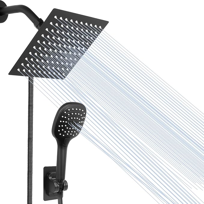 NearMoon Shower Head with Hose, High Pressure Stainless Steel Rain Shower and 3 Settings Handheld Spray Combo with Push Button Flow Control (8 Inch Showerhead Set, Matte Black) - AquaVibe