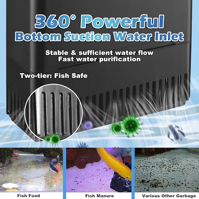 290GPH Turtle Tank Filter for 40-85 Gallon, Turtle Filter Low Water Level Available and Flow Adjustable, Turtle Water Filter for Shrimps Amphibians Turtle Tank Saltwater Freshwater Crystal Clear - AquaVibe