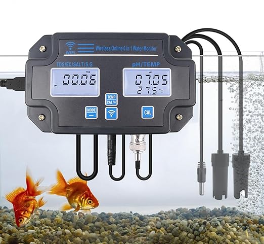 Smart Water Quality Tester 6-in-1 pH/EC/TDS/Salinity/S.G and Temperature Meter with Wi-Fi Continuous Monitor Wall-Mounted pH Water Meter with ATC and Easy Calibration for Aquariums, Hydroponics