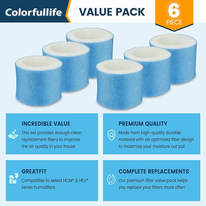 Colorfullife 6 Pack Premium Hac504 Humidifier Filters for Honeywell Humidifier HAC-504 HAC-504AW HAC504V1 HCM350 HCM-530 HCM-600 HCM-710 HEV-312, Upgraded Blue Pre-Filter Replacement Wicking Filter A - AquaVibe