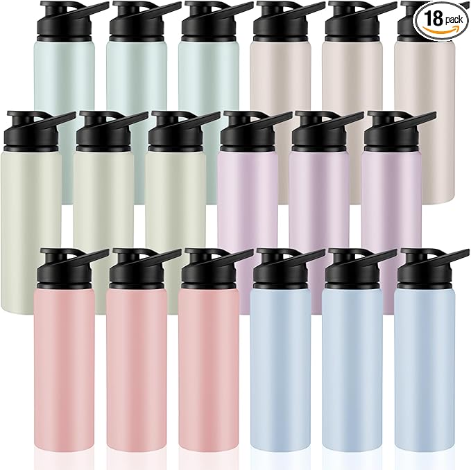 Domensi Aluminum Water Bottle Bulk Reusable Water Bottle, Lightweight Easy Carry Leakproof with Snap Lid Travel Bottles, for Gym Outdoor Sports Cycling Camping Fishing(25oz, 18 Pack)