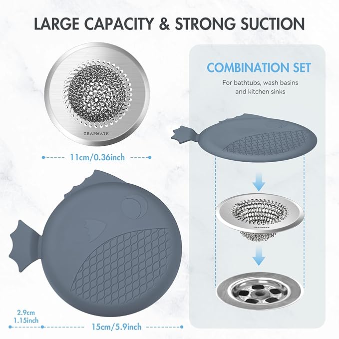 TRAPMATE Sink Drain Strainer & Stopper, Easy Clean Kitchen Sink Strainer with Stopper, Revolutionary Stainless Steel Drain Stopper Kitchen Sink Basket, Garbage Disposal Strainer for US Drain (Grey)