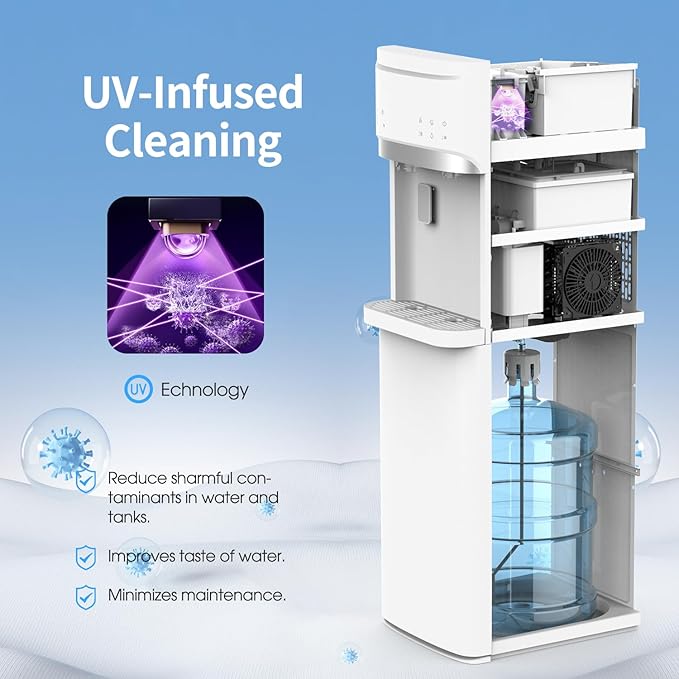 Self Clean Bottom Load Water Cooler Dispenser Built-in Ice Maker for 5 Gallon 3 Temperature Settings 22lbs Daily Capacity White