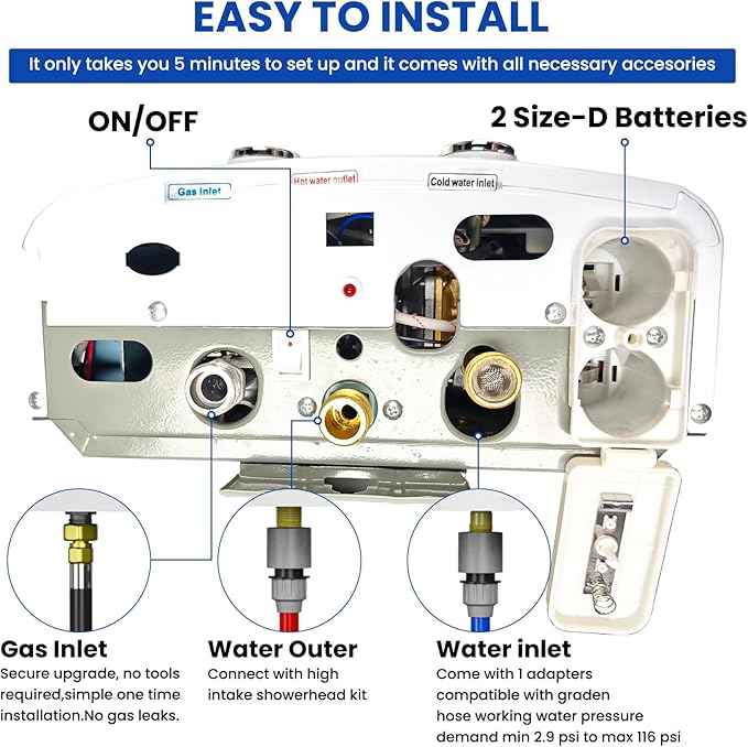 Propane Tankless Water Heater gas, 6L Portable propane shower 1.58 GPM, Outdoor Tankless Camping Water Heater for RV, Cabin, Barn, Camping, Boat, Outdoor Shower