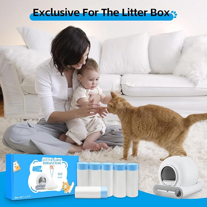 120 Count Self Cleaning Cat Litter Box Liners Bag Fit For MeoWant MW-SC01,MW-SC02, Drawstring Heavy Duty Litter Receptacles Bags Compatible with Automatic Cat Litter Box- 17.7" x 19.7" - AquaVibe