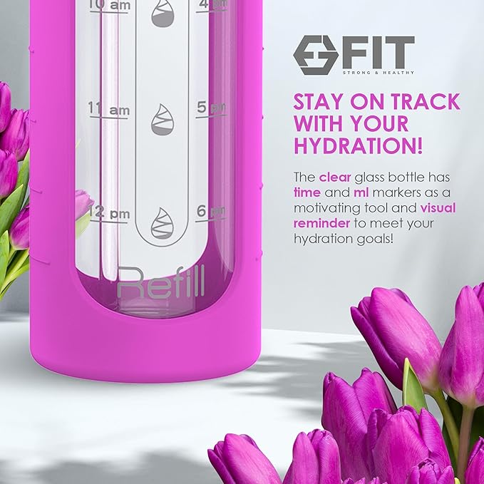 FIT Strong & Healthy 32 oz Glass Water Bottle with Straw Lid, Time Marker, Sleeve & Extra Lid - Motivational, Wide Mouth 1 Liter Glass Drinking Bottle