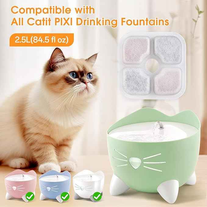 Cat Water Fountain Filter Replacement for Catit Pixi, 16-Pack Triple Action Pet Fountain Filters with 4 Water Pump Tubes (16 Filters + 4 Tubes)