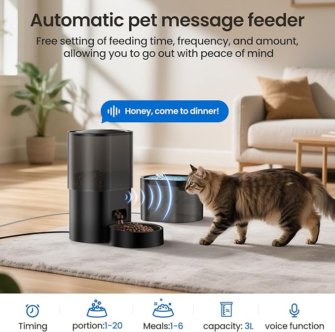 Automatic Cat Feeder and Water Fountain, 2-in-1 Automatic Dog Feeder with 2.4G WiFi APP Remote Control, Smart Timed Cat Food Dispenser with 10s Voice and 1-10 Meals/Day for Cat and Small Dog