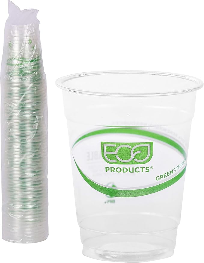 ECO PRODUCTS GreenStripe Clear Compostable 7oz PLA Plastic Cups, Pack of 50, Disposable Renewable Plant-Based Cold Cups, For Cold Drinks & Snacks, BPI Certified, ASTM Compliant.