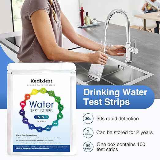 50 PCS 16-in-1 Drinking Water Test Strips – Home Water Testing Kit for Lead, Hardness, pH, Manganese, Nitrate, Nitrite, Iron, Copper, Chlorine, Mercury & More