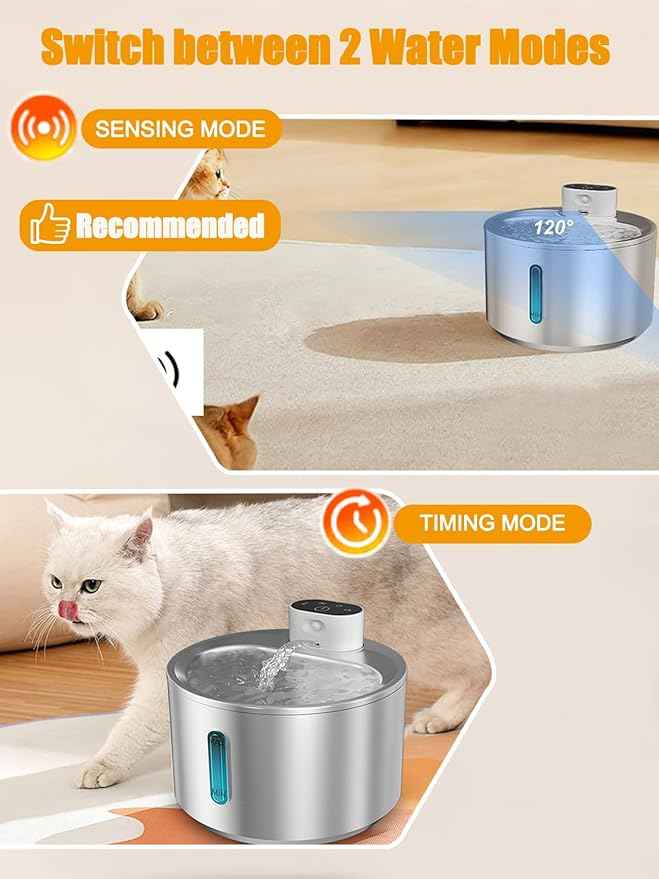 Cat Water Fountain Stainless Steel, 4L/135fl oz for Cats Dogs - Wireless Pet Water Dispenser Battery Operated with 5000mAh, Motion Sensor Activated, Ultra Quiet Pump, 6 Filters, Easy Clean Design