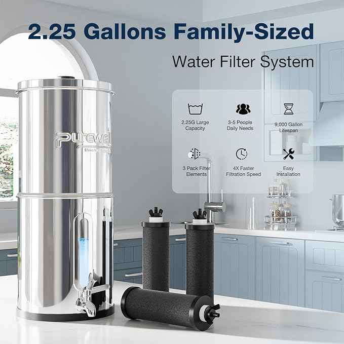 Purewell 2.25G Gravity-fed Water Filter System with 3 Filters, 3-Stage Ultra-Filtration Stainless Steel Countertop System with Water Level Window, Reduce 99% Chlorine, 9,000G Filter Capacity, PW-KS-3C