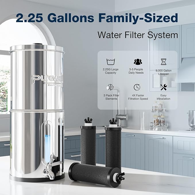 Purewell 4-Stage Ultra-Filtration Gravity-fed Water Filter System with 3 Filters, 304 Stainless Steel Countertop System with Water Level Window, Reduce Fluoride and Chlorine, 2.25G, PW-KS-3F