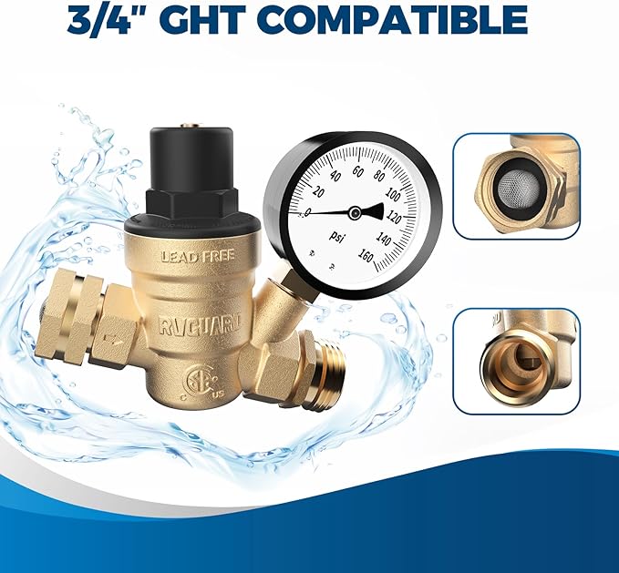 RVGUARD RV Water Pressure Regulator Valve, CSA Approved, Lead-Free Brass Adjustable Water Pressure Reducer with Gauge and Inlet Screen Filter for RV Camper Travel Trailer