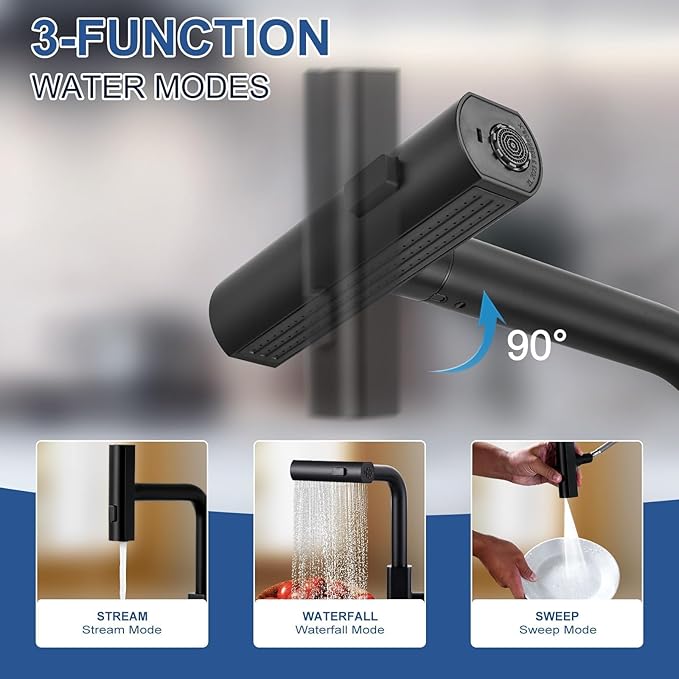 Kitchen Faucet with Pull Down Sprayer: ALEASHA Waterfall Kitchen Sink Faucet with Soap Dispenser, 3 Modes 360° Swivel Single Handle Tap for RV/Bar, Matte Black Single Hole Brass Pull Out Modern Tap
