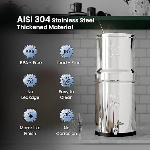 Phoenix Gravity - 3.25 Gallon Water Filter AISI 304 Stainless Steel Gravity Fed Water Filter System, NSF Certified 2 Smart Carbon Filter Elements, Free Stainless Steel Water Spigot & Teak Wood Stand