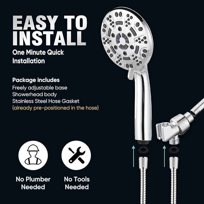 Cobbe High Pressure 8 Functions Shower Head with handheld - Powerful Detachable Shower Head Set for Low Water Pressure - Tool-less 1-Min Installation (Chrome)