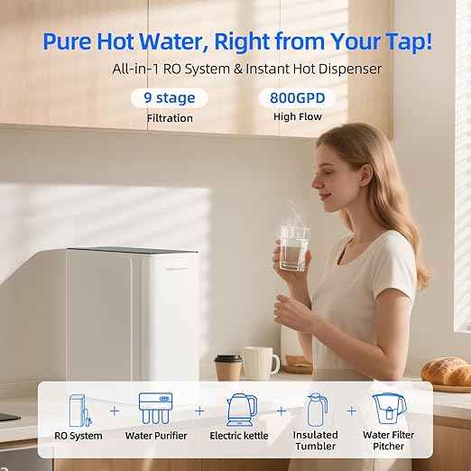 2-in-1 RO System & Instant Hot Water Dispenser, MIZUDO 800GPD Tankless Reverse Osmosis Water Filter, 9 Stage Under Sink RO System, 3:1 Pure to Drain, Hot and Cold Smart Faucet