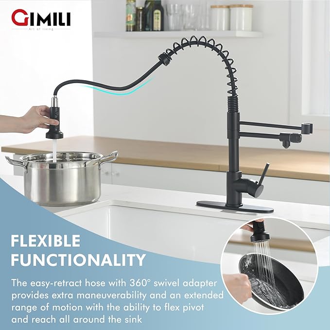 GIMILI Drinking Water Faucet 3 in1 Commercial Style Pull-Down Single Handle Filter Kitchen Faucet for Water Filtration System, Matte Black,Without Water Filtration Device