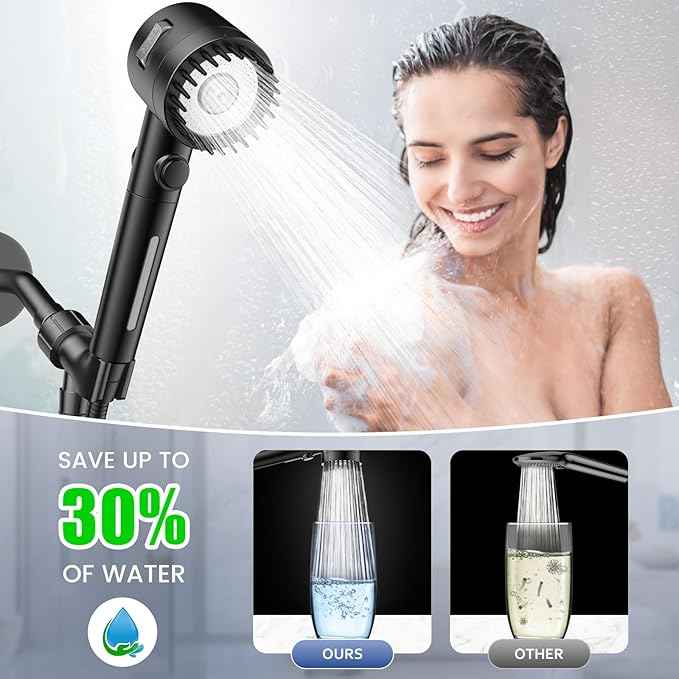 Filtered Shower Head with Handheld, High Pressure 5-Spray Ion Drops Shower Head with Filters for Hard Water, ON/OFF Switch Showerhead for Pets Bath, Shower Heads Filter - Remove Chlorine