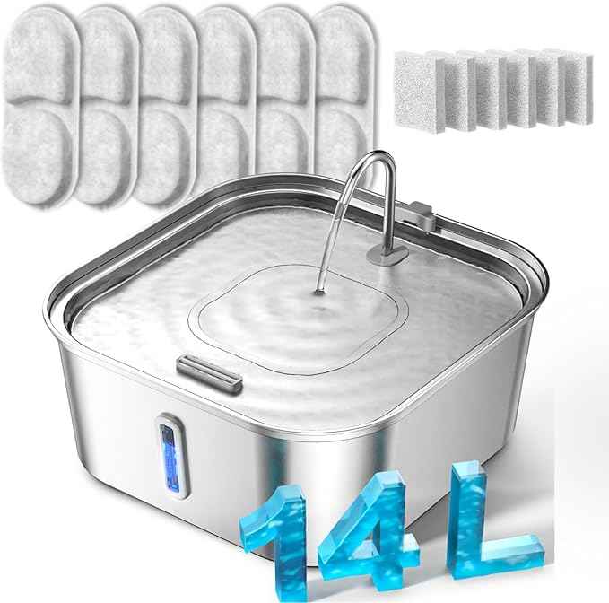 Large Dog Water Fountain 14L/3.7Gal, Stainless Steel Pet Fountain for Large Dogs and Multi-Pets Families, Square Design Enlarges Capacity & Saves Space (Fountain & 7pcs Filters)