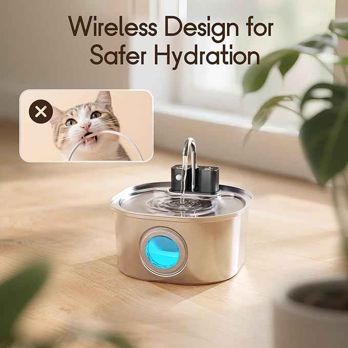 Voluas Stainless Steel Cat Water Fountain-Wireless Pet Water Fountain Battery Operated,108oz/3.2L, Automatic Water Dispenser for Dogs with Quiet Pump,Easy Clean BPA-Free for Cats, Dogs, Multiple Pets