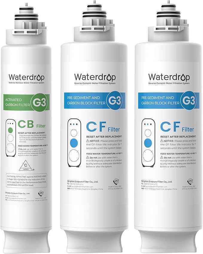 Waterdrop G3 Replacement Filter 1-Year Combo, Pack of 2 WD-G3-CF Filters and 1 WD-G3-CB Filter, Replacement for WD-G3-W, WD-G3P600 and WD-G3P800-W Reverse Osmosis System