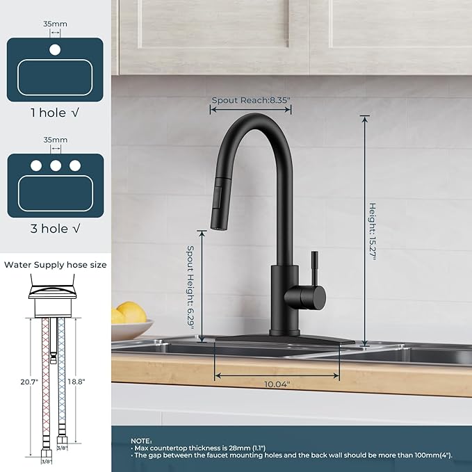 FORIOUS Black Kitchen Faucet with Pull Down Sprayer, High Arc Modern Classic Sink Faucet Stainless Steel with Deck Plate Fit for 1 or 3 Hole for Pot Filler Bar Farmhouse Laundry Rv