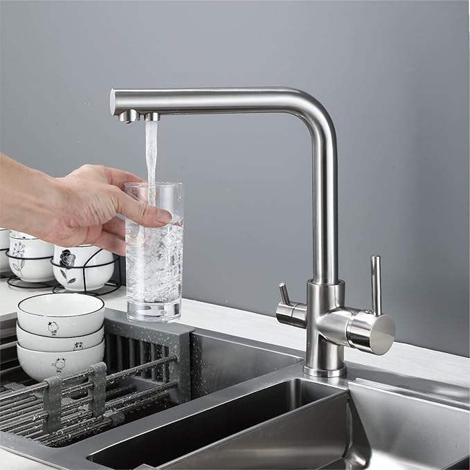 HUAHUALALA Kitchen Sink Faucet with 2 Handle 3 in 1 Water Filter Purifier Swivel Faucets, Brass Drinking Water Faucet Reverse Osmosis Faucet,Brushed Nickel