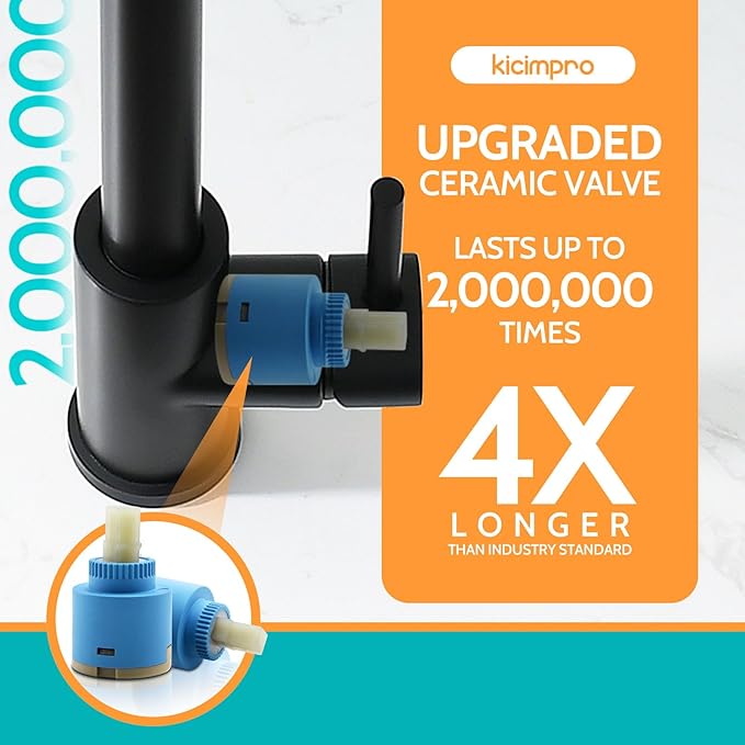 Kicimpro Matte Black Kitchen Faucet with Pull Down Sprayer, 304 Stainless Steel, 23-Inch Extended Hose Design, Three Water Functional Ways, Easy Installation