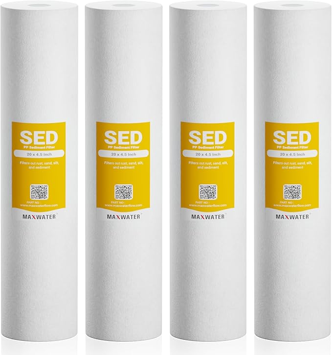 Max Water 10 Micron 20 x 4.5 Sediment Water Filter Replacement Cartridge, Whole House Sediment Filtration Compatible with DGD-5005-20, FP25B, AP810-6, FPMB5-20, P5-20, 155358-43, SDC-45-2005, 4 Pack