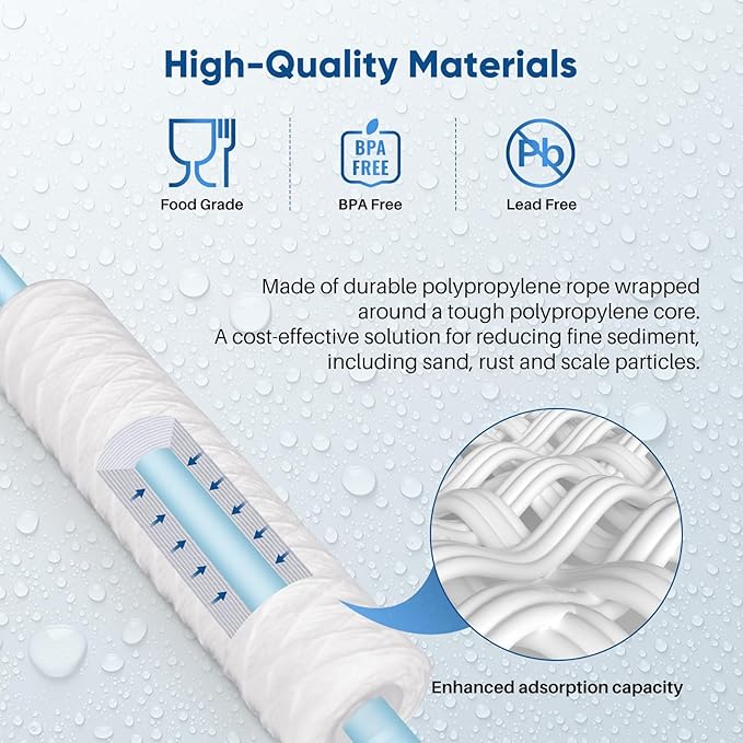 The 5 Micron 10" x 2.5" Whole House String Wound Sediment Filter is ideal for well water purification. It is a replacement cartridge for universal 10-inch RO systems