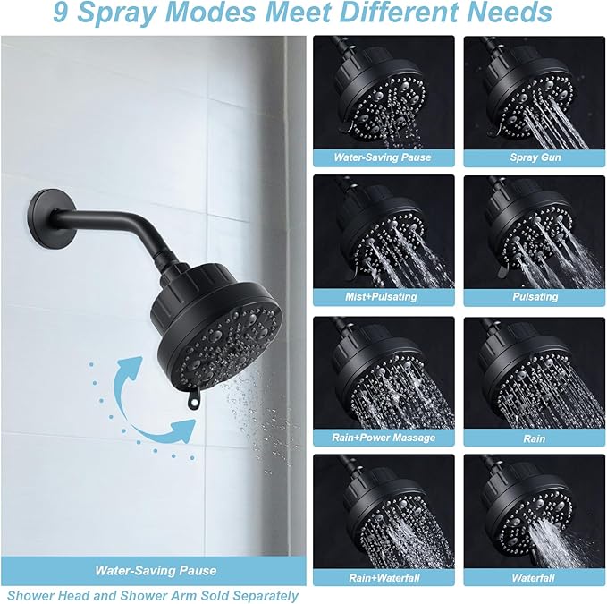 OFFO Filtered Shower Head, 20 Stage Shower Filter Head for Hard Water with Pause Mode, 9 Modes High Pressure Shower Head with Filter for Remove Chlorine and Harmful, Matte Black - AquaVibe