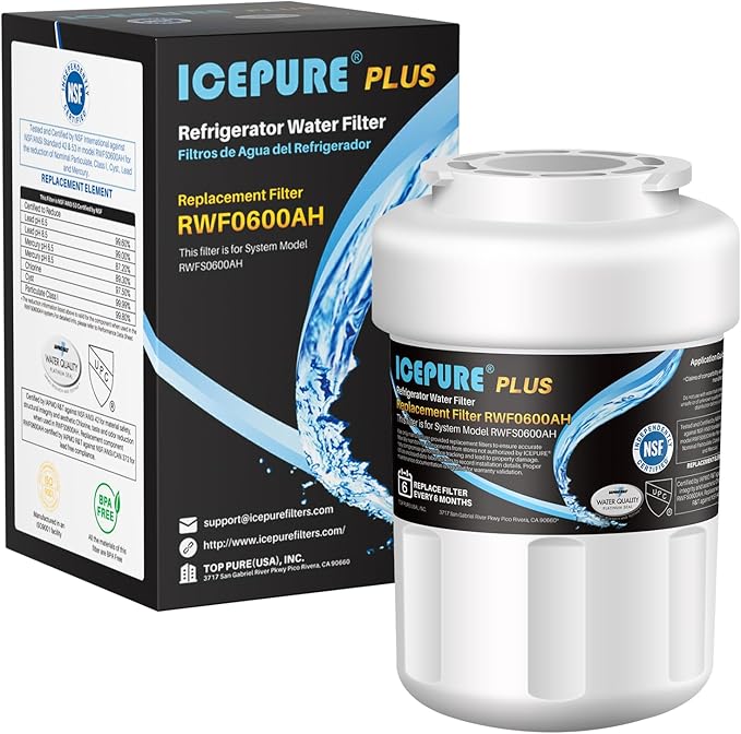 ICEPURE RWF0600AH Refrigerator water filter Replacement for GE MWF, MWFP, MWFA, MWFAP, MWFINT, GWF, GWF01, GWF06, GWFA, HWF, HWFA, FMG-1 Refrigerator Water Filter 1PACK（Package may vary)