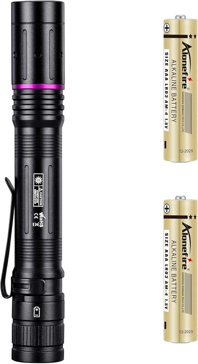 ALONEFIRE P68 Mini 3W UV Flashlight 365nm Portable EDC Black Light Pet Urine Detector with 2 AA Batterie