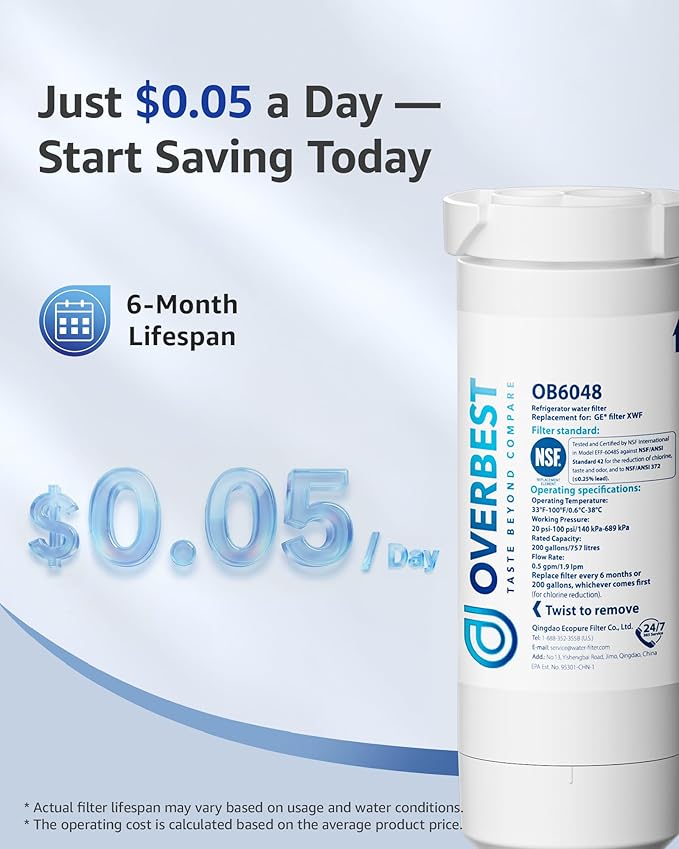 Overbest XWF Refrigerator Water Filter, Replacement for GE® WR17X30702, NSF 42/372 Certified, Compatible with GE® GNE27, GFE26, GDE25, GSS25, PSE25 Series Refrigerators, 3-Pack (No-chip)