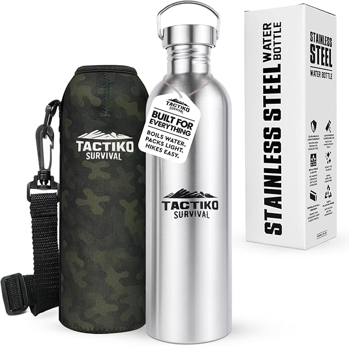 Tactiko Survival 51 oz/1500 ml Stainless Steel Wide Mouth Water Bottle, Single Wall Boil-Safe, Leakproof, BPA-Free with Carry Sleeve and Strap for Camping, Hiking, Outdoor Prep (Camo)