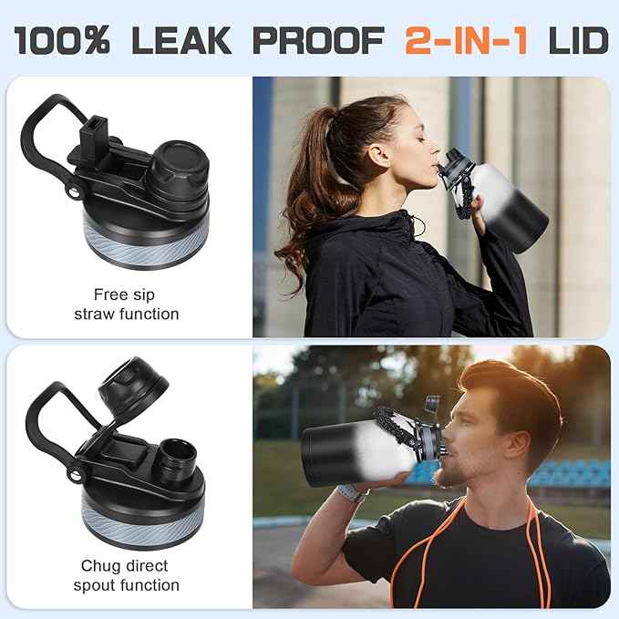 Insulated Water Bottle 64 oz, Half Gallon Water Jug Cold 48H, BPA Free Stainless Steel Bottles with Straw/Chug 2-in-1 Lid, Bag, Paracord Handle, Silicone Boot, Sports Gym School Metal Flask