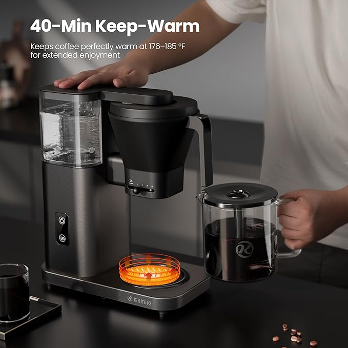 Kismile 8 Cup Drip Coffee Maker Machine, Pour Over Coffee Brew with 3s Instant Heat 197-205℉, Removable Water Tank, Adjustable Flow Control, Deep Cold Brew & Keep Warm 40 Min(Light Grey)