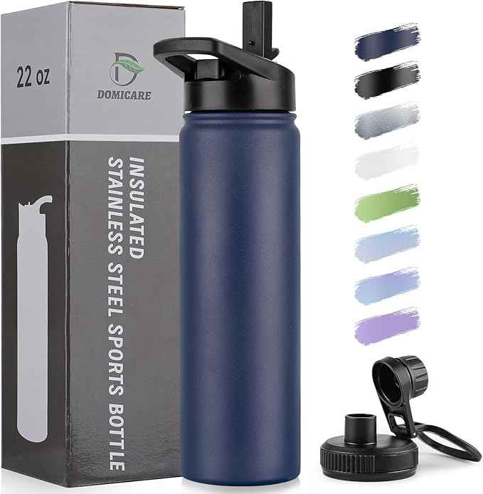 DOMICARE Insulated Water Bottle, 22 oz Vacuum Insulated Stainless Steel Reusable Sports Bottle with Straw Lid & Spout Lid for Travel, Camping, Bike, Leakproof, Navy Blue, 1 Pack