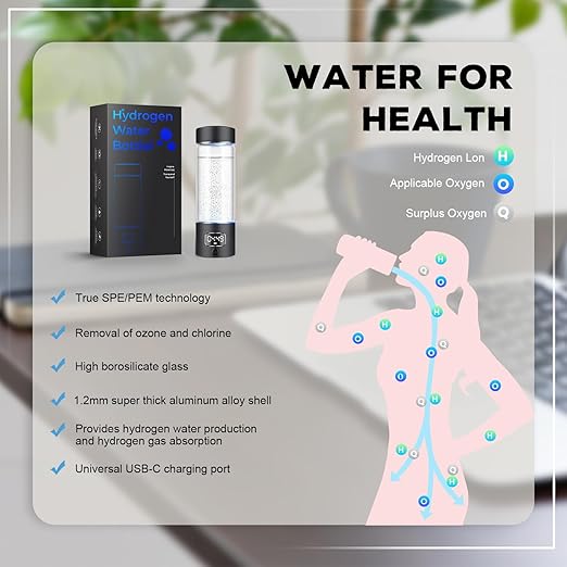 Hydrogen Water Bottle Generator with 4th Generation SPE/PEM Technology, Portable Hydrogen Water Ionizer Machine, Birthday,Xmas Gift for Husband,Wife,Lovers,Friends,Travel (Black, 9.05in*Φ2.64in)