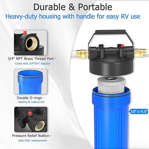 HHB10 RV Water Filter System with 0.2 Micron 2-in-1 Composite Filter, Removes Sediments, Chlorine, VOCs, Heavy Metals, Bad Taste & Odor, Ideal for RVs, Campers, Travel Trailers and Boats