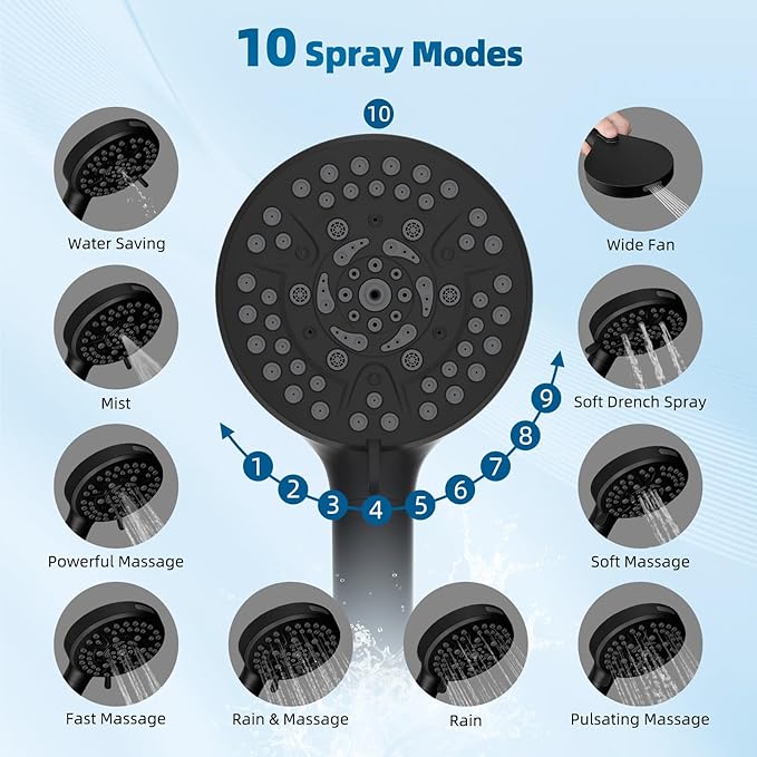 Hibbent All Metal Shower Head, 12'' High Pressure Rain Shower Head/Handheld Showerhead Combo with 16'' Adjustable Arc-shaped Extension Arm, 10 Sprays, 71'' Hose, Showerhead Holder, Matte Black