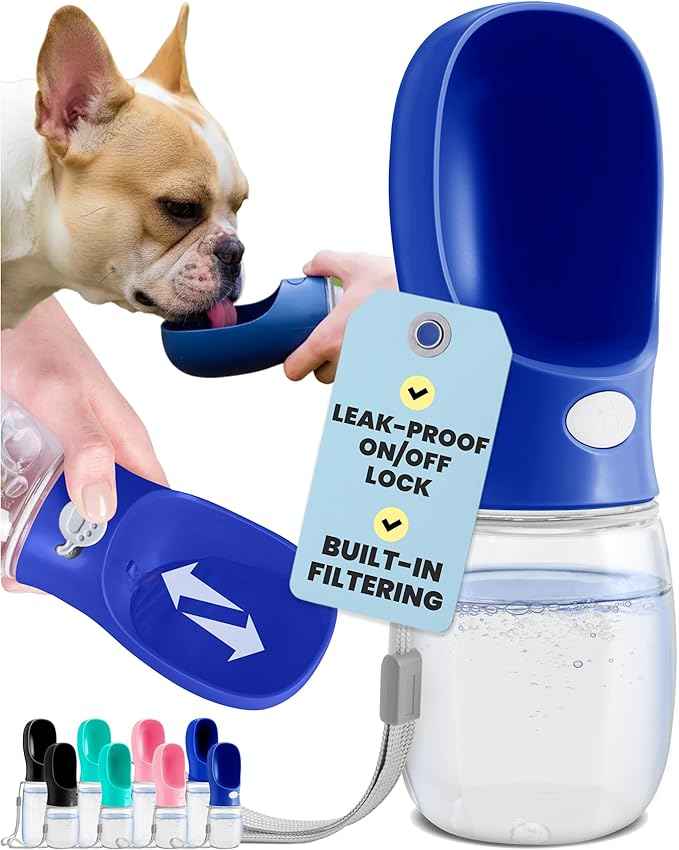 MalsiPree Dog Water Bottle Dispenser for Walks - 12 oz Navy Blue - Leak-Proof Lock & One-Hand Operation - On The Go Dog Water Dispenser- Pet Travel Bottle with Built-in Bowl, for Hiking & Travel