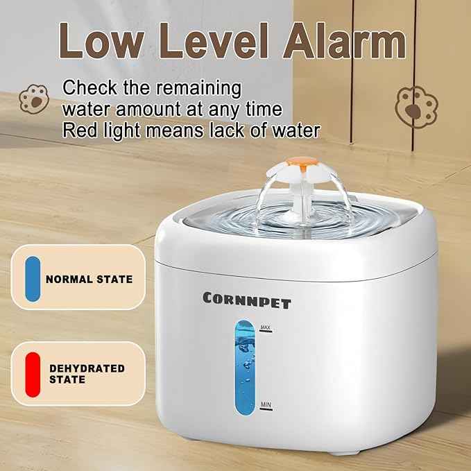 Cat Water Fountain 2.2L with 3 Filters and 1 Mat, Dual Flow Modes Dog Water Fountain with Ultra Silent and Auto Stopping for Small Kitty Cats and Dogs - White