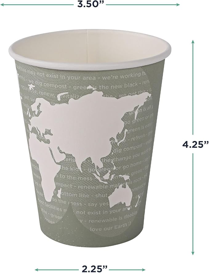 ECO PRODUCTS Compostable Disposable World Art 12oz Large Coffee Cups, Pack of 50, Renewable Hot Paper Cup, Plant Based PLA Lining, Color Coded