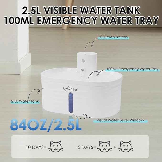 Lychee Wireless Cat Water Fountain, Silent Pump Pet Fountain with Motion Sensor,2.5L/84oz Battery Powered Water Dispenser with 4 Filter, Electricity Separated Design, Easy to Clean