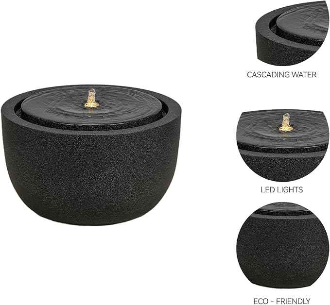 12.60” H Outdoor Water Fountain Made with Eco-Friendly Recyclable Materials, Polyethylene Round Bubbler Water Fountain Outdoor, Garden Decor with LED Light for Patio, Porch, Backyard (12.60")