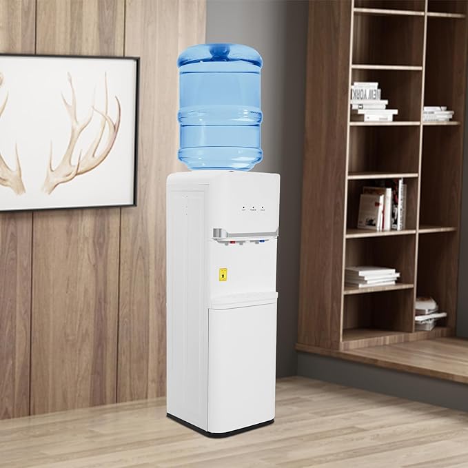 Top Loading Water Dispenser, Water Cooler Dispenser with Double Storage Cabinets, Hot & Cold & Warm Water Dispenser for 5 Gallon Bottles with Child Safety Lock, 50-59 ℉&185-203 ℉