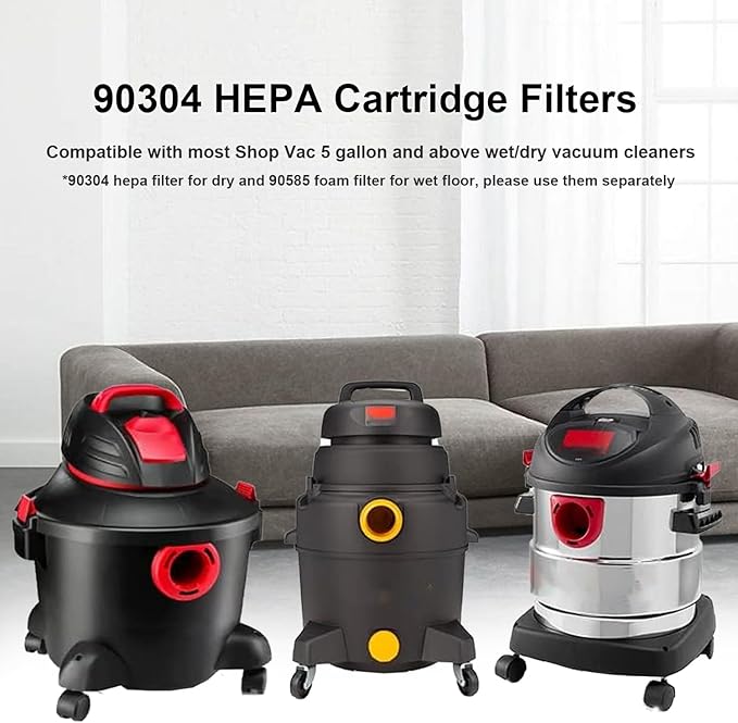 (2) 90304 HEPA Cartridge Replacement Filter with Lids + (4) 90585 Foam Sleeves, Compatible with Shop-Vac 90304, 90350, 90333, Shop Vac 903-04-00, 9030400, 90585, 5 Gallon up Wet/Dry Vacuum Cleaner - AquaVibe